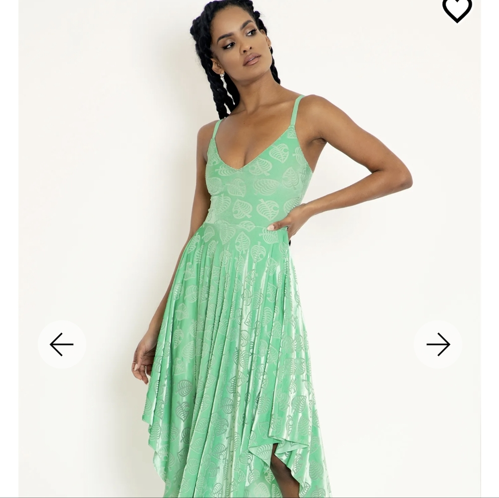 NWT Blackmilk Animal Crossing Green Leaf Burned Velvet Handkerchief Dress, Large